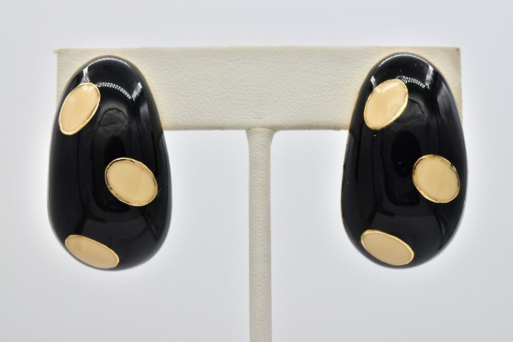Vintage NOS Black Cream Enamel Polka Dot Clip On Earrings Gold 1980s 90s BinAR